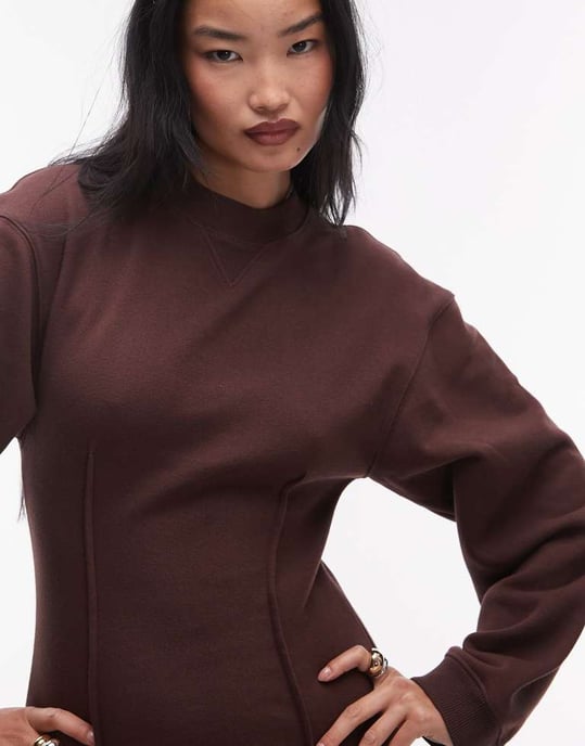 Topshop cinched waist long sleeve jersey mini dress in brown - Image 2