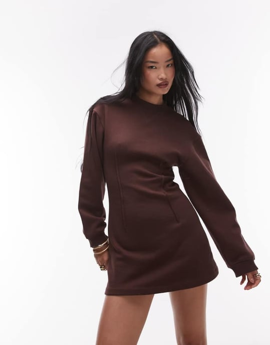 Topshop cinched waist long sleeve jersey mini dress in brown - Image 3