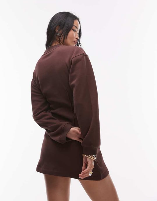 Topshop cinched waist long sleeve jersey mini dress in brown - Image 4