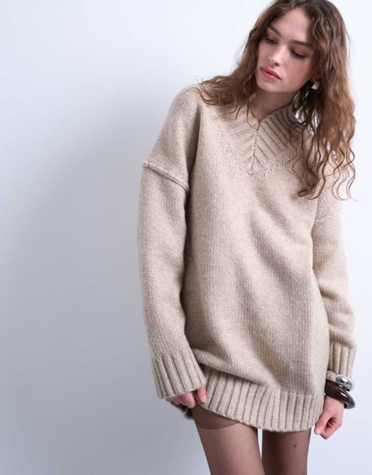 Topshop knitted high v-neck mini oversized dress in oat - Image 1