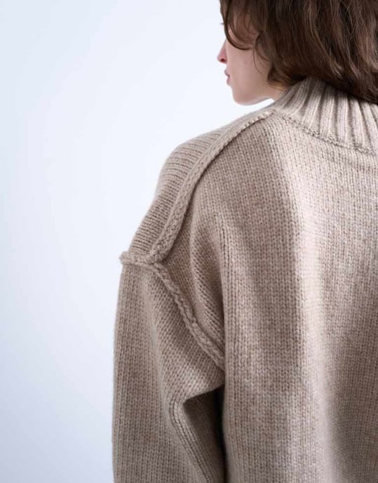 Topshop knitted high v-neck mini oversized dress in oat - Image 3
