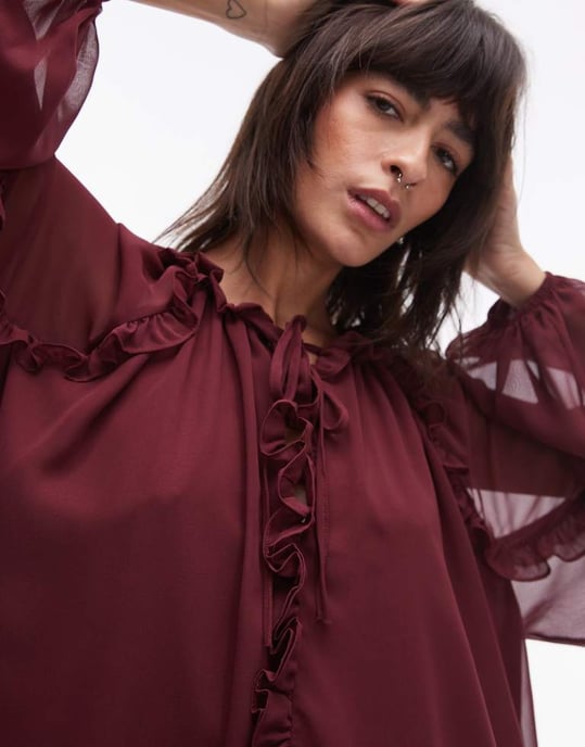Topshop frill trapeze mini dress in burgundy - Image 3