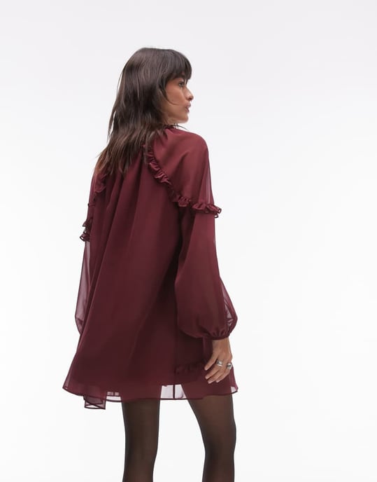 Topshop frill trapeze mini dress in burgundy - Image 4