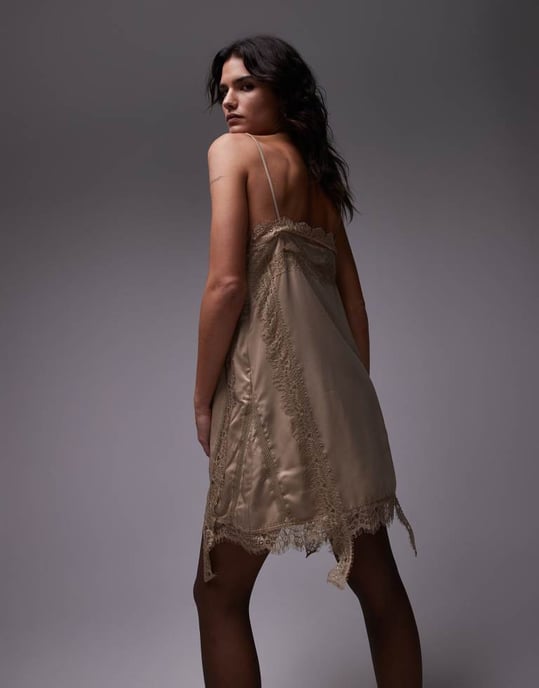 Topshop lace trim mini dress in satin soft gold - Image 3