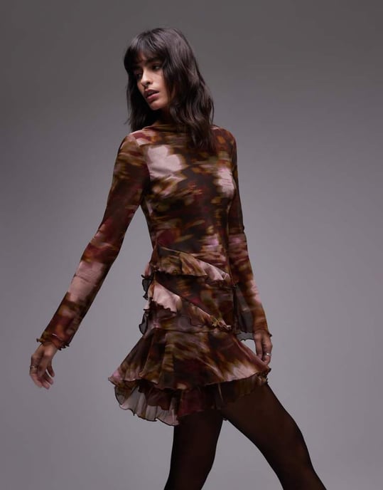 Topshop placement frill tea dress in off blurred floral - Image 1