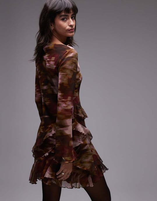 Topshop placement frill tea dress in off blurred floral - Image 3