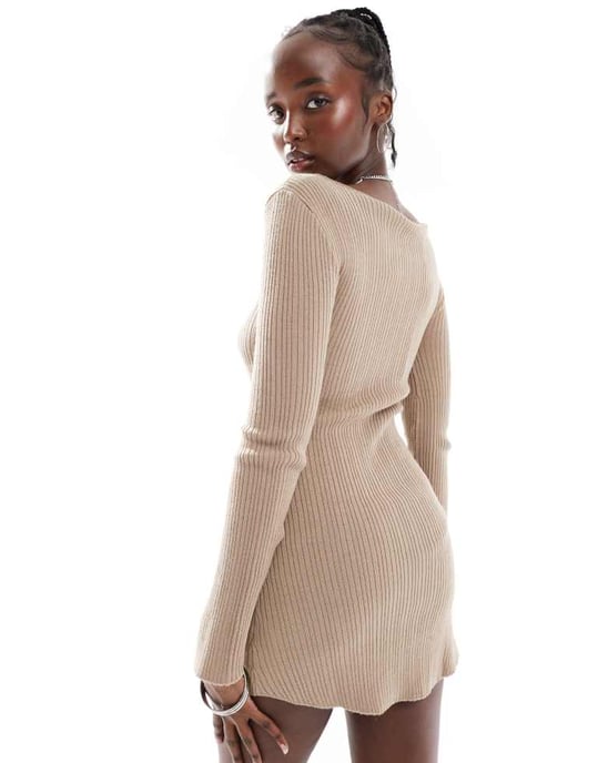 COLLUSION slash neck mini dress in taupe - Image 4