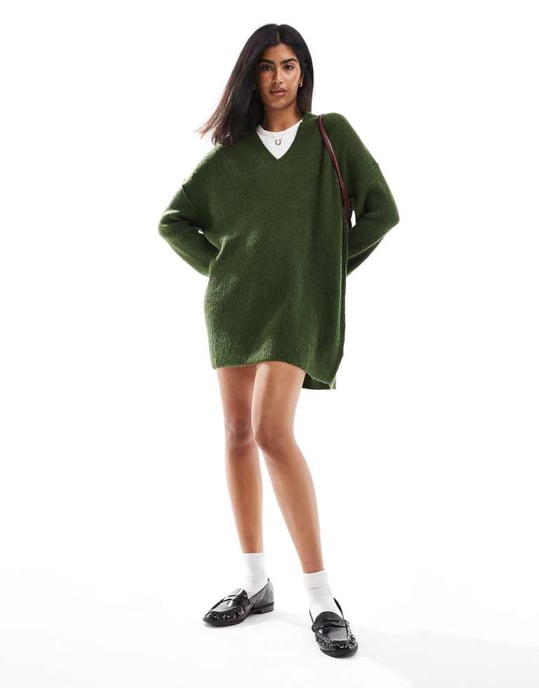 Miss Selfridge V neck slouchy mini dress in khaki - Image 2