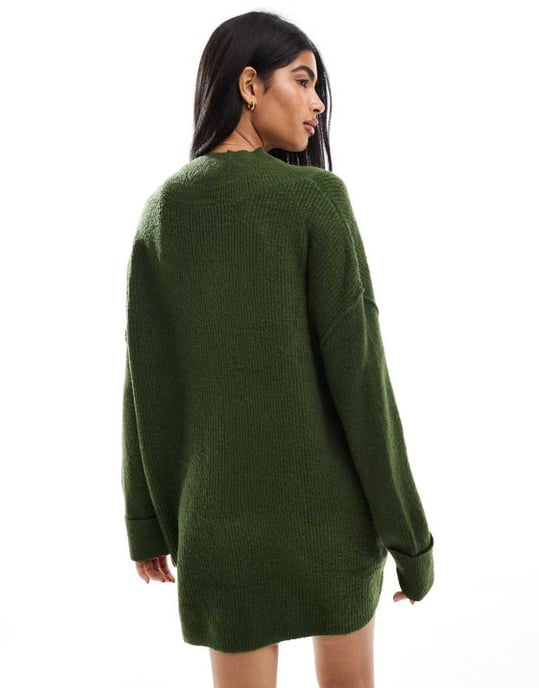 Miss Selfridge V neck slouchy mini dress in khaki - Image 3