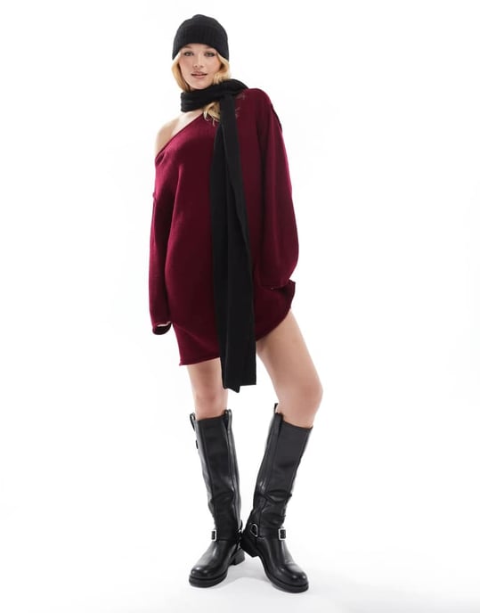 Miss Selfridge off the shoulder slouchy knit mini dress in burgundy - Image 3