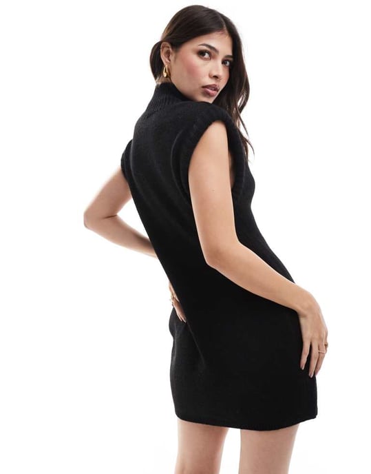 ASOS DESIGN knitted structured high neck mini dress in black - Image 3