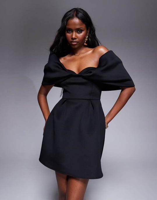 ASOS DESIGN bardot mini dress with full skirt in black in scuba-style fabric - Image 1