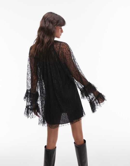 Topshop lace long sleeve mini trapeze dress in black - Image 4