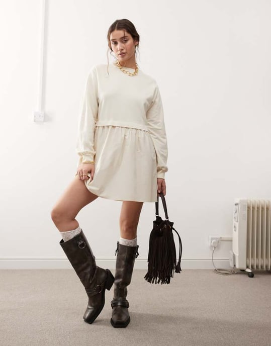 Miss Selfridge poplin and jersey mix smock dress in buttermilk - Image 1