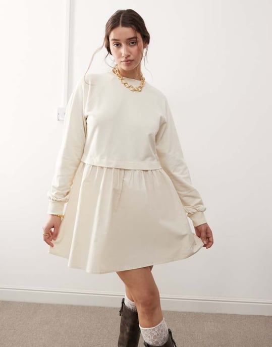 Miss Selfridge poplin and jersey mix smock dress in buttermilk - Image 3