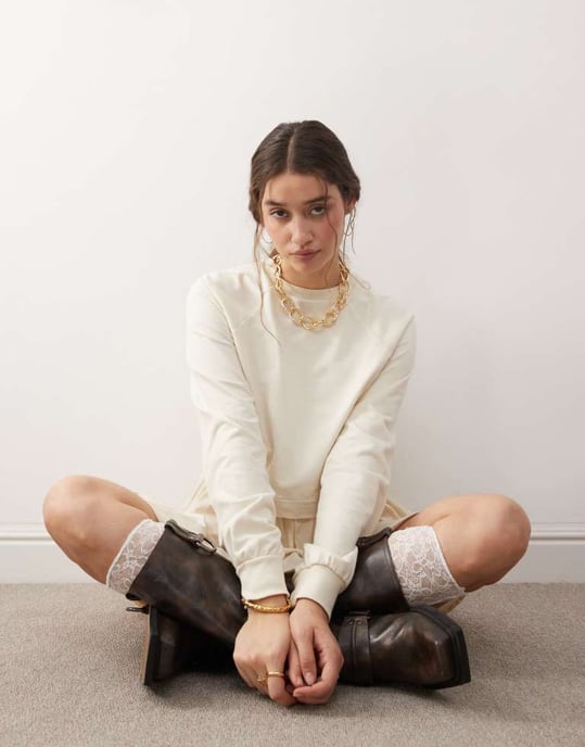 Miss Selfridge poplin and jersey mix smock dress in buttermilk - Image 4
