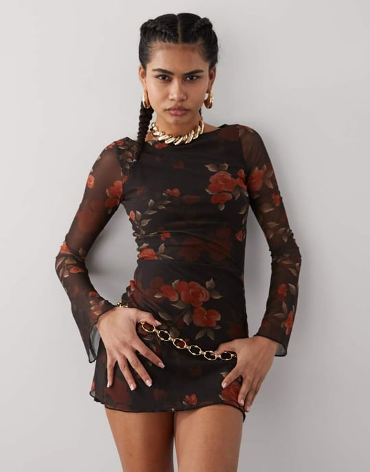 Motel Sevila long sleeve watercolour rose mini dress in black - Image 2