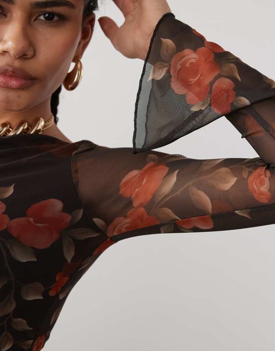 Motel Sevila long sleeve watercolour rose mini dress in black - Image 3