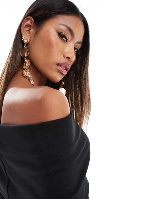 ASOS DESIGN ribbed long sleeve bardot mini dress in black - Image 2