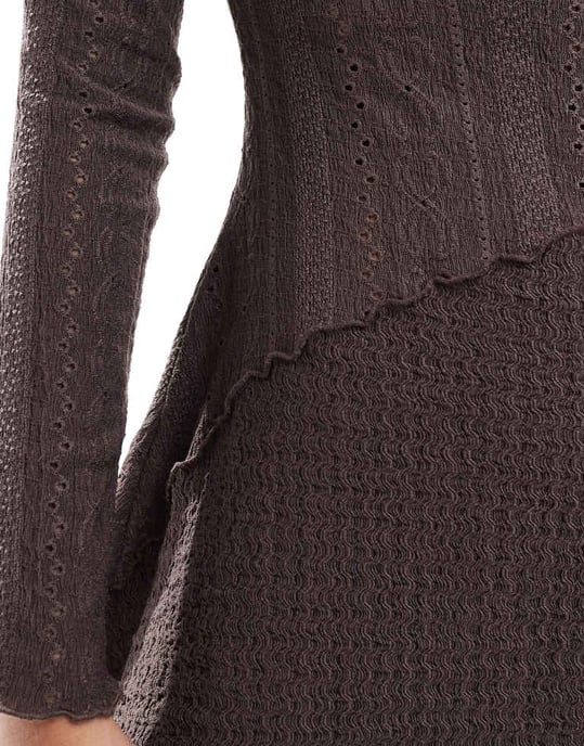 Miss Selfridge mixed texture long sleeve scoop back dress in chocolate - Image 3