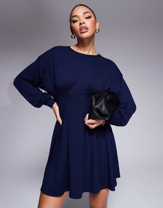 ASOS DESIGN waisted sweat mini dress in navy - Image 1