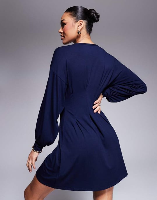 ASOS DESIGN waisted sweat mini dress in navy - Image 2