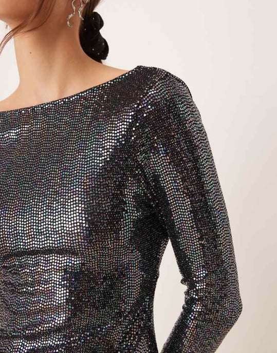 Miss Selfridge glitter sequin long sleeve flare mini dress - Image 4