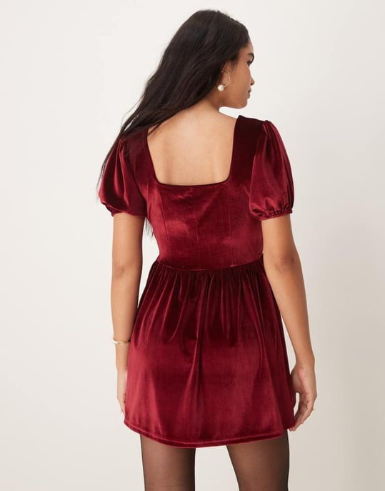 ASOS DESIGN velvet corset seam detail mini dress in burgundy - Image 3