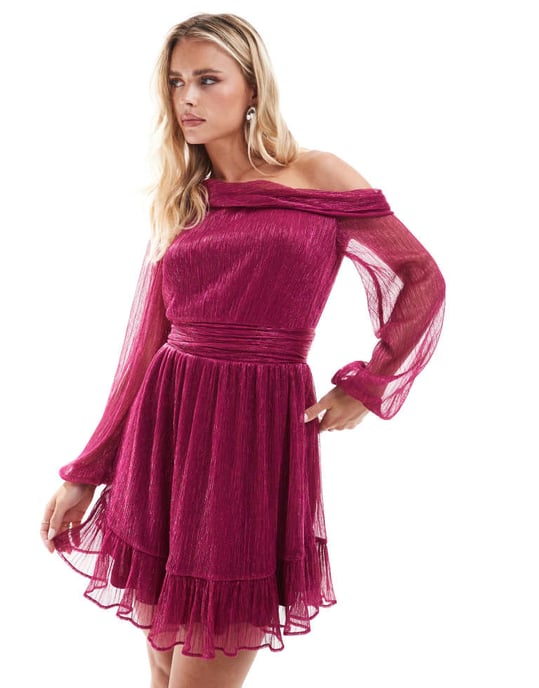 Forever New Petite drop shoulder plisse mini dress in pink - Image 3