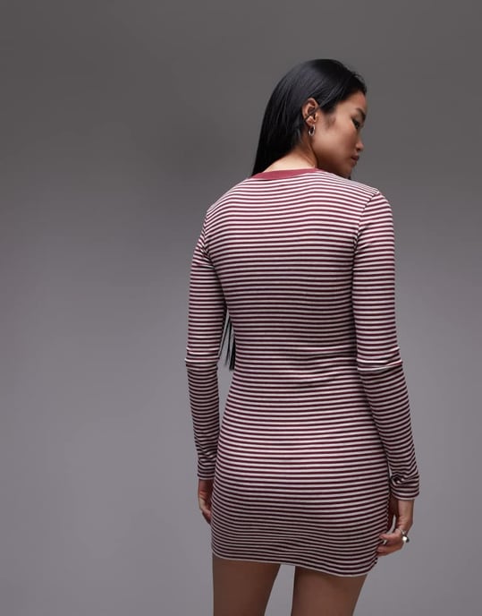 Topshop stripe long sleeve crew neck mini dress in burgundy - Image 3