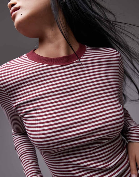 Topshop stripe long sleeve crew neck mini dress in burgundy - Image 4