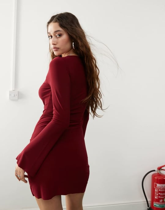 COLLUSION soft slinky mini ruched bodycon dress in burgundy - Image 4