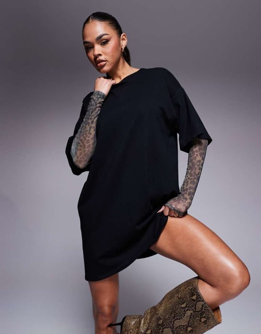 ASOS DESIGN t-shirt mini dress with mesh leopard print sleeves - Image 2
