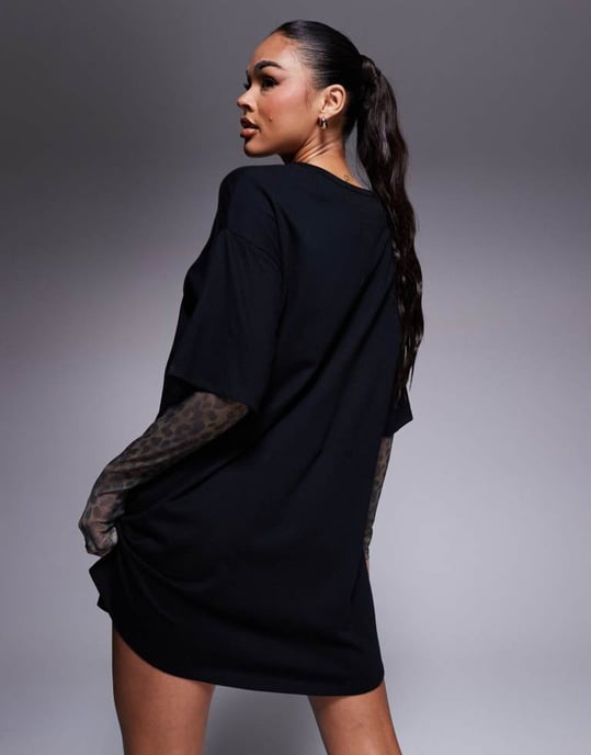 ASOS DESIGN t-shirt mini dress with mesh leopard print sleeves - Image 4