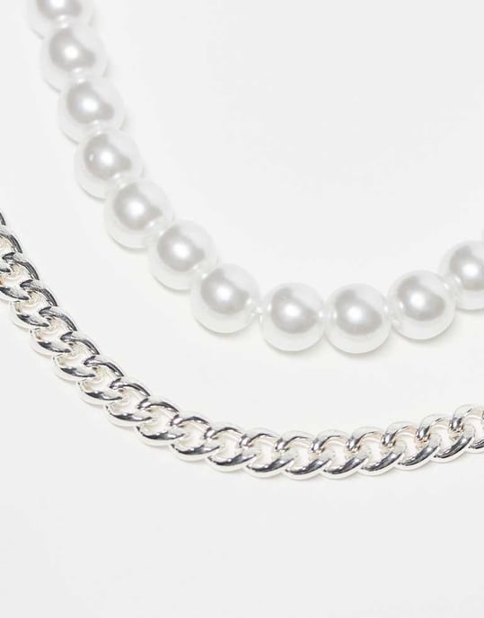 Jack & Jones 2 pack silver plated chain and pearl bracelet - Image 2
