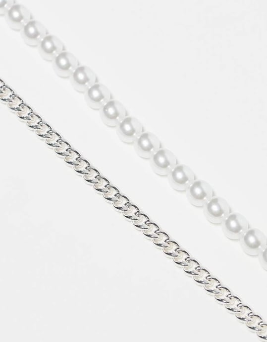 Jack & Jones 2 pack silver plated chain and pearl bracelet - Image 3
