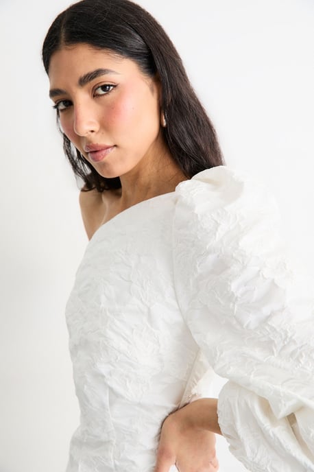 Hen Jacquard Puff Sleeve One Shoulder Mini Dress - Image 2