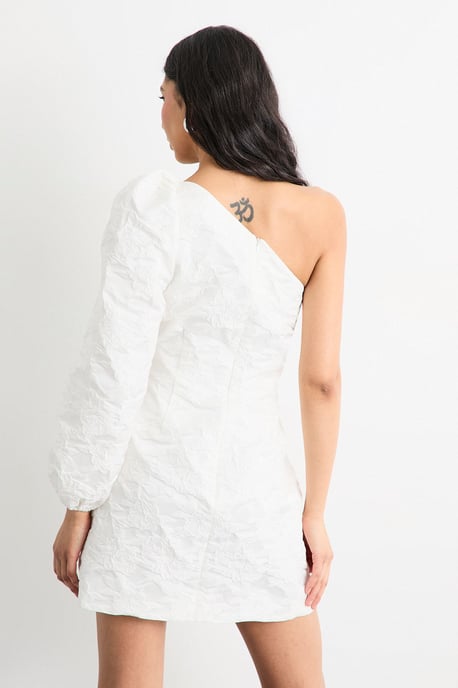 Hen Jacquard Puff Sleeve One Shoulder Mini Dress - Image 3