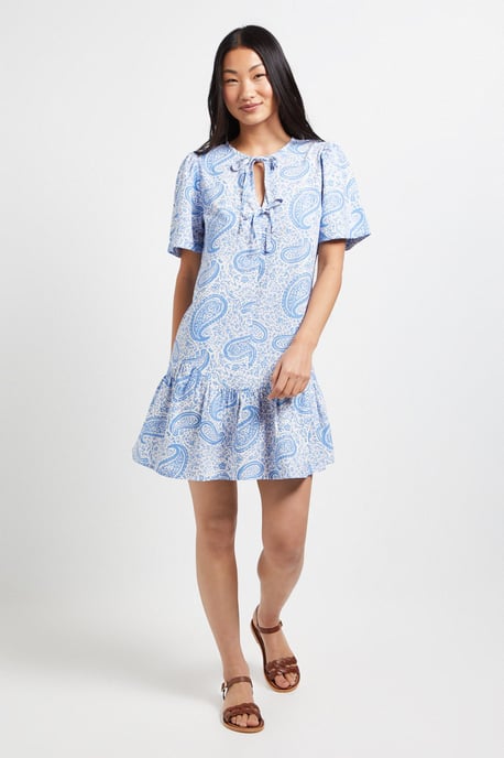 Petite Paisley Tie Detail Drop Hem Printed Mini Dress - Image 1