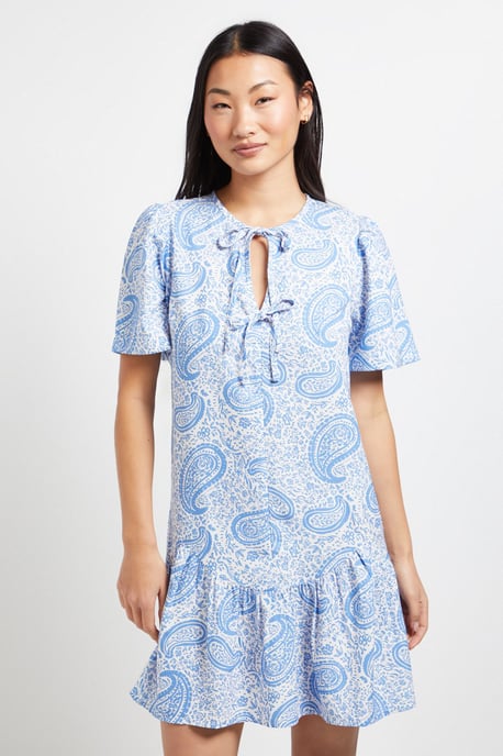 Petite Paisley Tie Detail Drop Hem Printed Mini Dress - Image 2