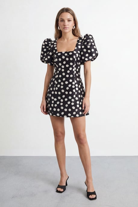 Petite Polka Dot Puff Sleeve A-Line Mini Dress - Image 2
