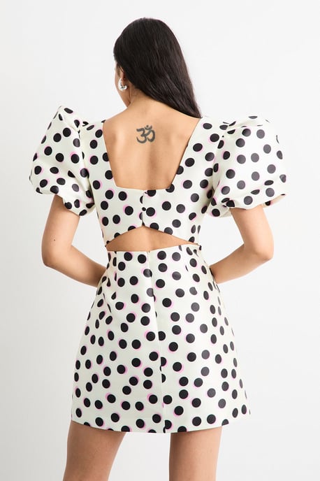 Polka Dot Puff Sleeve A-Line Mini Dress - Image 3