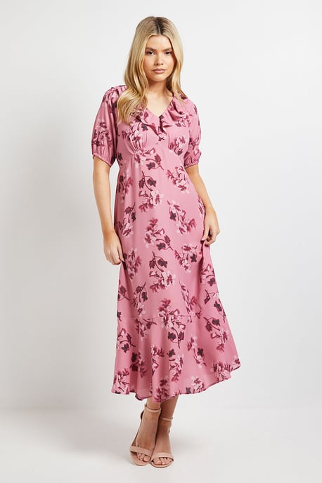 Pink Floral Frill Neck Puff Sleeve Maxi Dress - Image 1