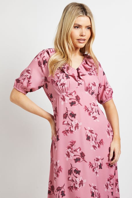 Pink Floral Frill Neck Puff Sleeve Maxi Dress - Image 2