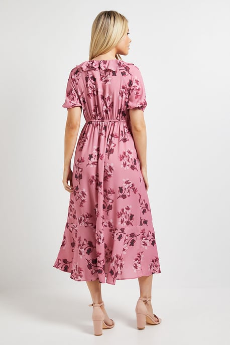 Pink Floral Frill Neck Puff Sleeve Maxi Dress - Image 3
