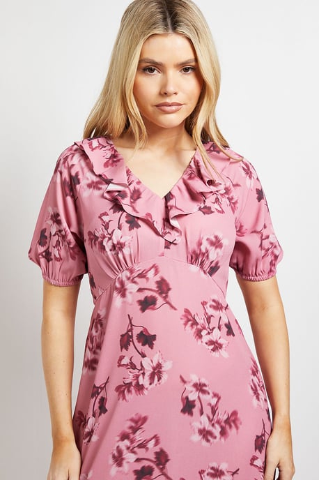 Pink Floral Frill Neck Puff Sleeve Maxi Dress - Image 4