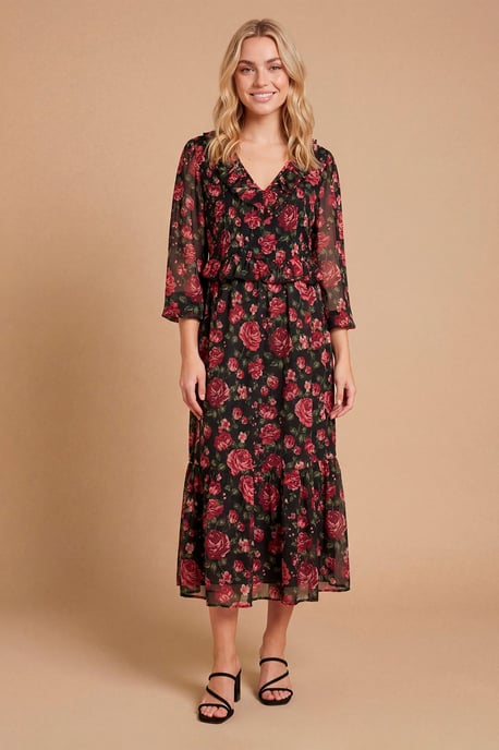 Petite Floral Pleat Bodice Ruffle Neck Blouson Sleeve Maxi Dress - Image 1