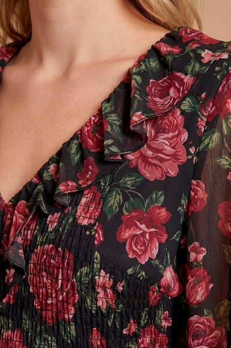 Petite Floral Pleat Bodice Ruffle Neck Blouson Sleeve Maxi Dress - Image 2
