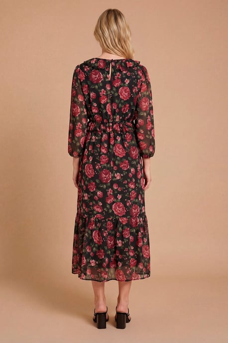 Petite Floral Pleat Bodice Ruffle Neck Blouson Sleeve Maxi Dress - Image 3