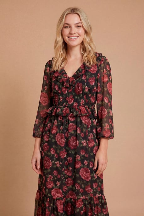 Petite Floral Pleat Bodice Ruffle Neck Blouson Sleeve Maxi Dress - Image 4